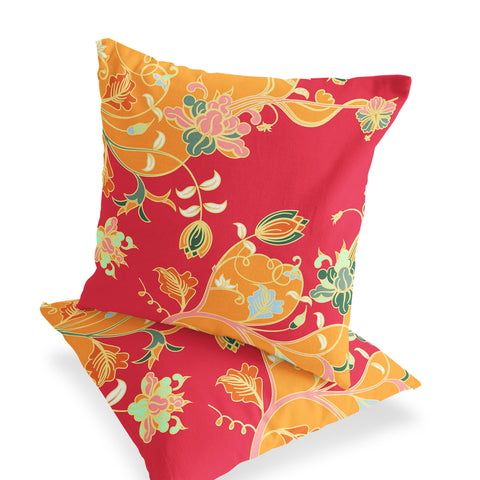 Set of Two 16" X 16" Green and Red Blown Seam Floral Indoor Outdoor Throw Pillow