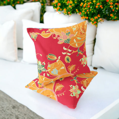 Set of Two 16" X 16" Green and Red Blown Seam Floral Indoor Outdoor Throw Pillow