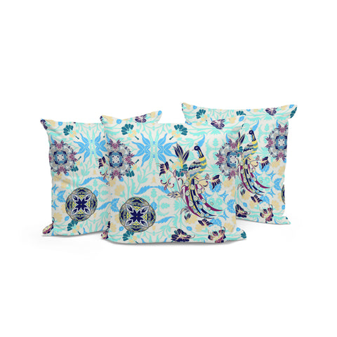 Set of Three 16" X 16" Blue and White Peacock Blown Seam Eclectic Indoor Outdoor Throw Pillow