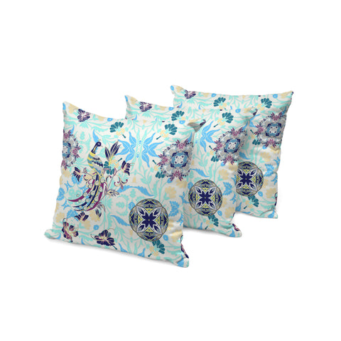 Set of Three 16" X 16" Blue and White Peacock Blown Seam Eclectic Indoor Outdoor Throw Pillow