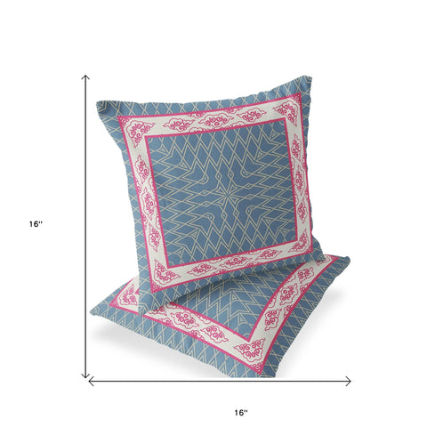 Set of Two 16" X 16" Blue and Pink Blown Seam Geometric Indoor Outdoor Throw Pillow