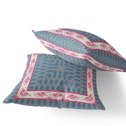 Set of Two 16" X 16" Blue and Pink Blown Seam Geometric Indoor Outdoor Throw Pillow