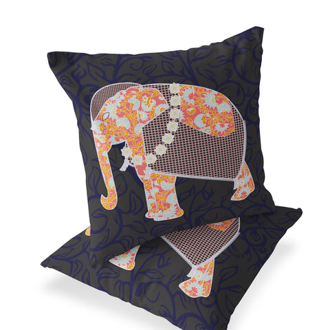 Set of Two 16" X 16" Blue and Green Elephant Blown Seam Floral Indoor Outdoor Throw Pillow