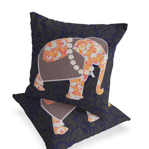 Set of Two 16" X 16" Blue and Green Elephant Blown Seam Floral Indoor Outdoor Throw Pillow