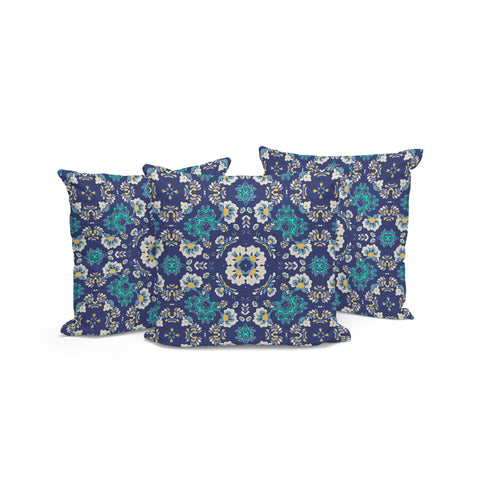 Set of Three 16" X 16" Blue and White Botanical Indoor Outdoor Throw Pillow