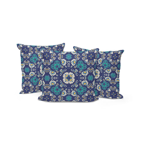 Set of Three 16" X 16" Blue and White Botanical Indoor Outdoor Throw Pillow