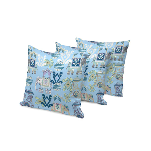 Set of Three 16" X 16" Blue and White Elephant Abstract Indoor Outdoor Throw Pillow