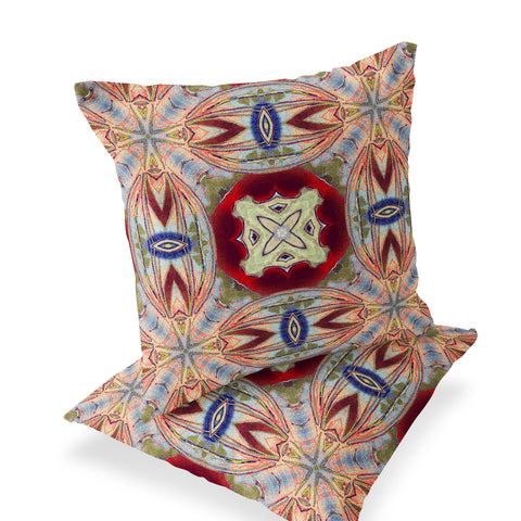 Set of Two 16" X 16" Gray and Red Blown Seam Floral Indoor Outdoor Throw Pillow