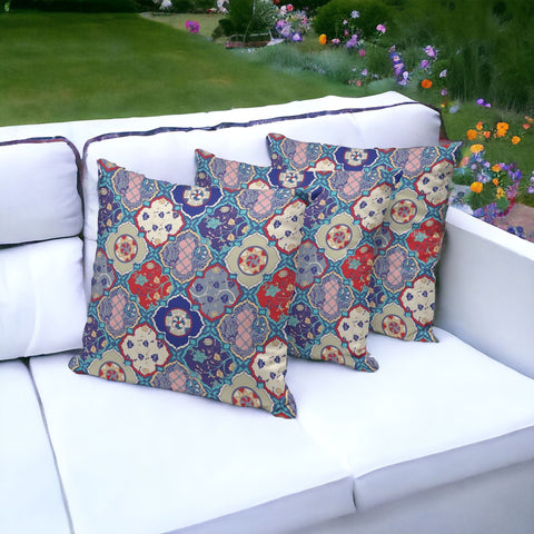 Set of Three 16" X 16" Blue and Green Botanical Indoor Outdoor Throw Pillow