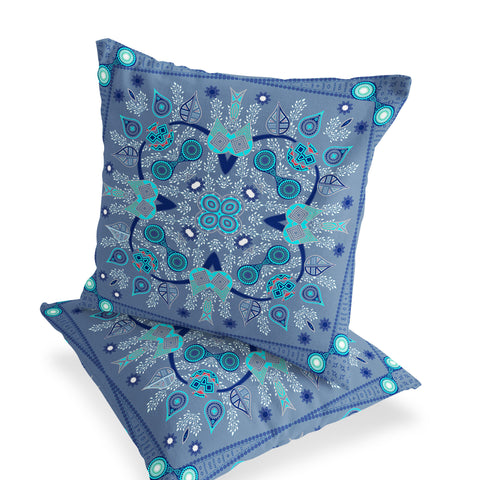 Set of Two 16" X 16" Blue and White Blown Seam Paisley Indoor Outdoor Throw Pillow