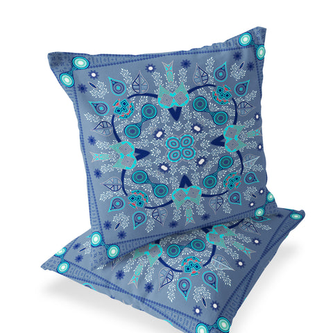 Set of Two 16" X 16" Blue and White Blown Seam Paisley Indoor Outdoor Throw Pillow