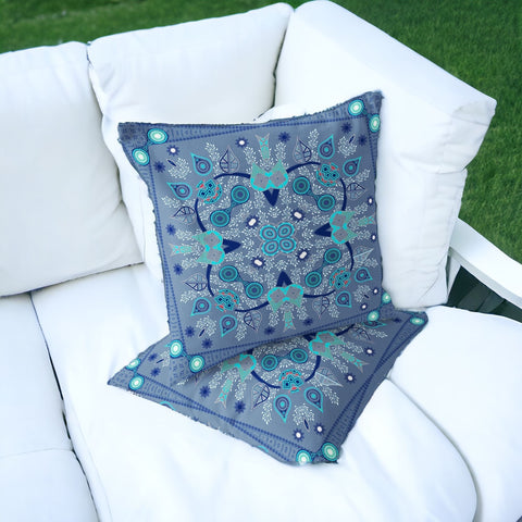 Set of Two 16" X 16" Blue and White Blown Seam Paisley Indoor Outdoor Throw Pillow