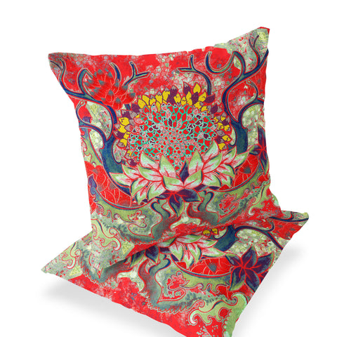 Set of Two 16" X 16" Green and Red Blown Seam Floral Indoor Outdoor Throw Pillow