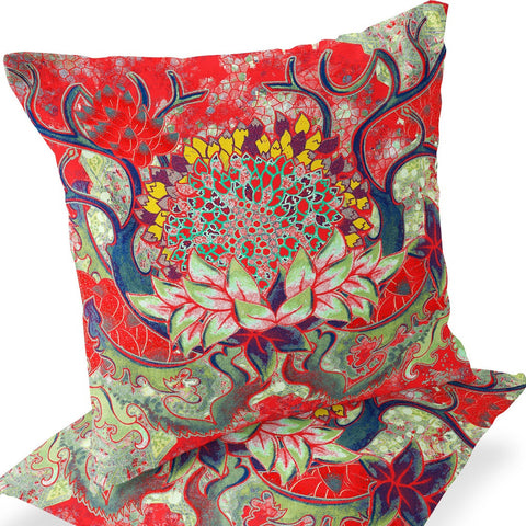 Set of Two 16" X 16" Green and Red Blown Seam Floral Indoor Outdoor Throw Pillow