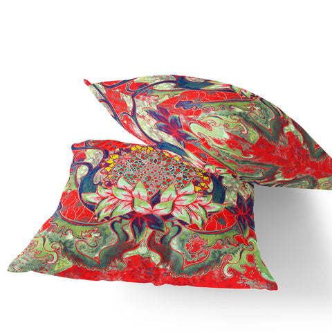 Set of Two 16" X 16" Green and Red Blown Seam Floral Indoor Outdoor Throw Pillow