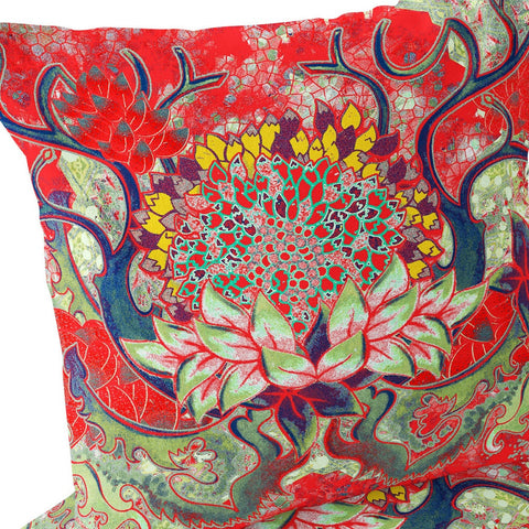 Set of Two 16" X 16" Green and Red Blown Seam Floral Indoor Outdoor Throw Pillow