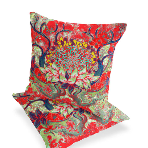 Set of Two 16" X 16" Green and Red Blown Seam Floral Indoor Outdoor Throw Pillow