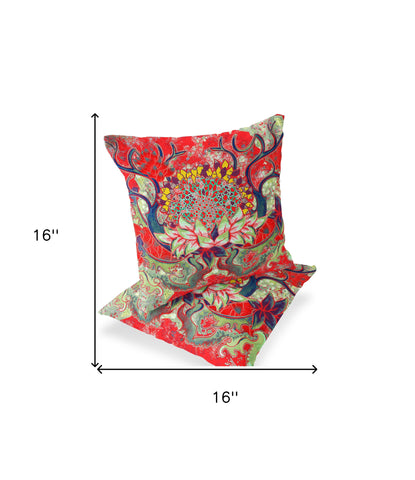 Set of Two 16" X 16" Green and Red Blown Seam Floral Indoor Outdoor Throw Pillow