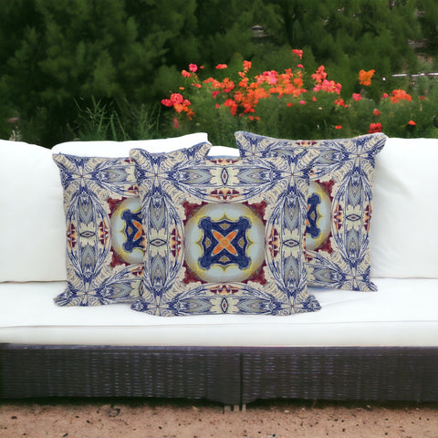 Set of Three 16" X 16" Blue and Gray Blown Seam Floral Indoor Outdoor Throw Pillow