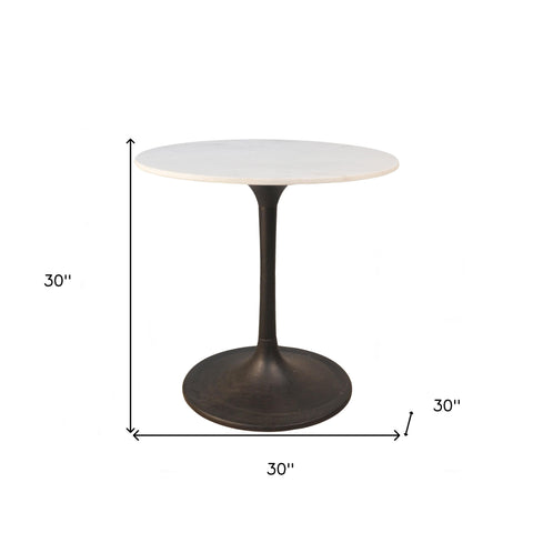 30" White and Black Rounded Marble and Iron Pedestal Base Dining Table