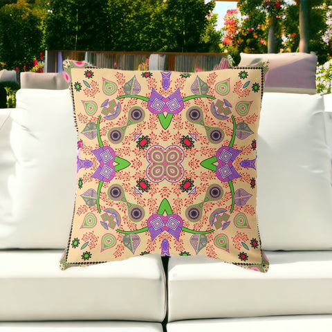 16" X 16" Beige and Green Blown Seam Paisley Indoor Outdoor Throw Pillow