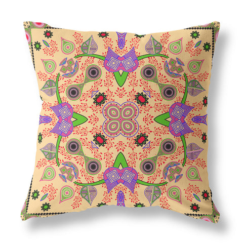 16" X 16" Beige and Green Blown Seam Paisley Indoor Outdoor Throw Pillow