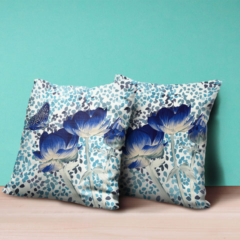 18" x 18" Blue and White Butterfly Blown Seam Floral Indoor Outdoor Throw Pillow