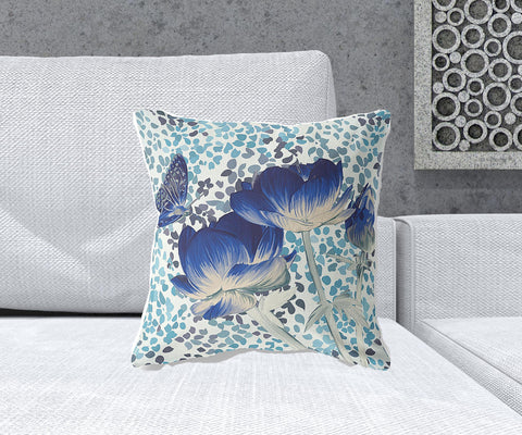 18" x 18" Blue and White Butterfly Blown Seam Floral Indoor Outdoor Throw Pillow