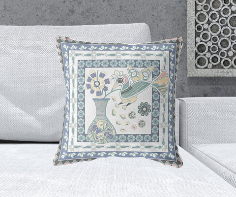 20" x 20" Blue and White Bird Blown Seam Floral Indoor Outdoor Throw Pillow