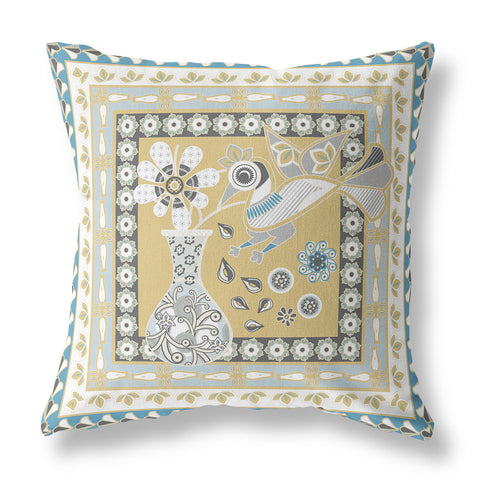 20" x 20" Beige and White Peacock Blown Seam Floral Indoor Outdoor Throw Pillow