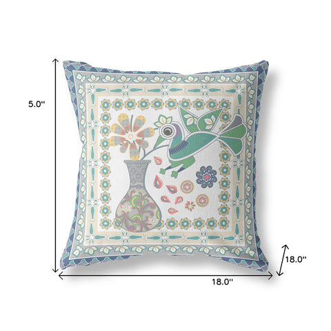 18" x 18" Cream Peacock Blown Seam Floral Indoor Outdoor Throw Pillow