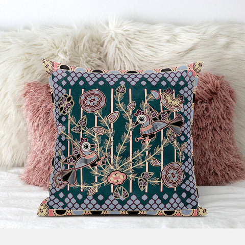 20" x 20" Blue and Pink Peacock Blown Seam Floral Indoor Outdoor Throw Pillow