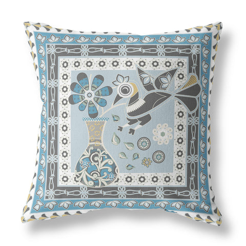 18" x 18" Blue and White Peacock Blown Seam Floral Indoor Outdoor Throw Pillow