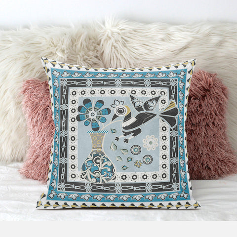 18" x 18" Blue and White Peacock Blown Seam Floral Indoor Outdoor Throw Pillow