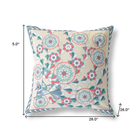 26" x 26" Off White Peacock Blown Seam Floral Indoor Outdoor Throw Pillow