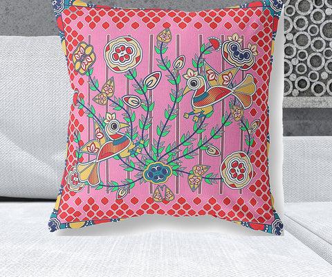 26" x 26" Pink Peacock Blown Seam Floral Indoor Outdoor Throw Pillow