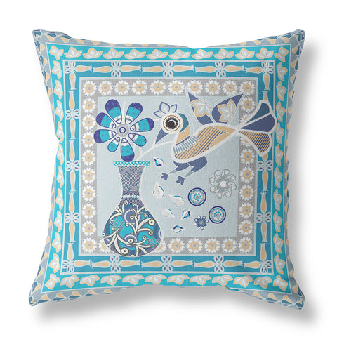 16" x 16" Aqua Peacock Blown Seam Floral Indoor Outdoor Throw Pillow