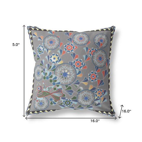 16" x 16" Gray Peacock Blown Seam Floral Indoor Outdoor Throw Pillow