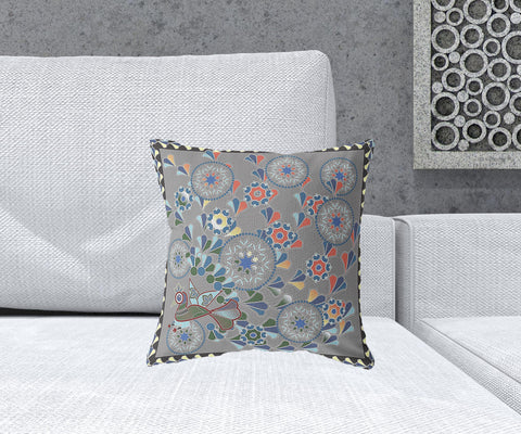 16" x 16" Gray Peacock Blown Seam Floral Indoor Outdoor Throw Pillow