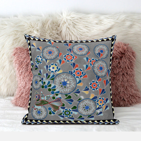 16" x 16" Gray Peacock Blown Seam Floral Indoor Outdoor Throw Pillow