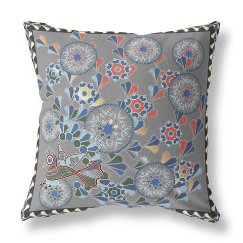 16" x 16" Gray Peacock Blown Seam Floral Indoor Outdoor Throw Pillow