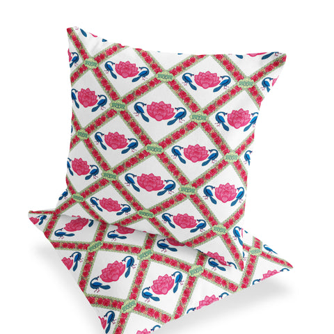 Set of Two 16" X 16" Pink and White Peacock Blown Seam Floral Indoor Outdoor Throw Pillow