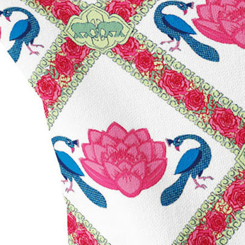 Set of Two 16" X 16" Pink and White Peacock Blown Seam Floral Indoor Outdoor Throw Pillow