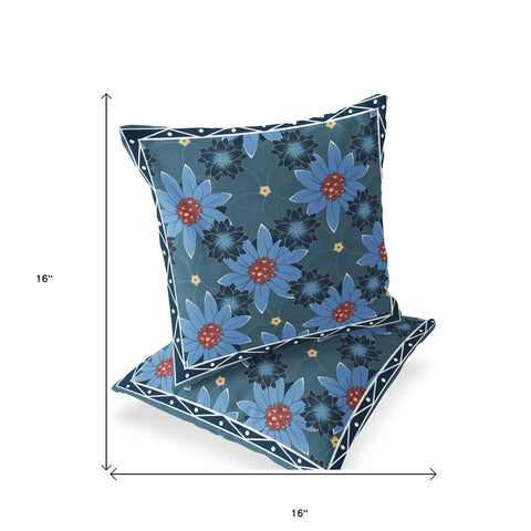 Set of Two 16" X 16" Blue and Yellow Botanical Indoor Outdoor Throw Pillow