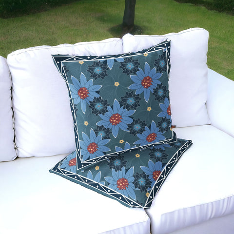 Set of Two 16" X 16" Blue and Yellow Botanical Indoor Outdoor Throw Pillow