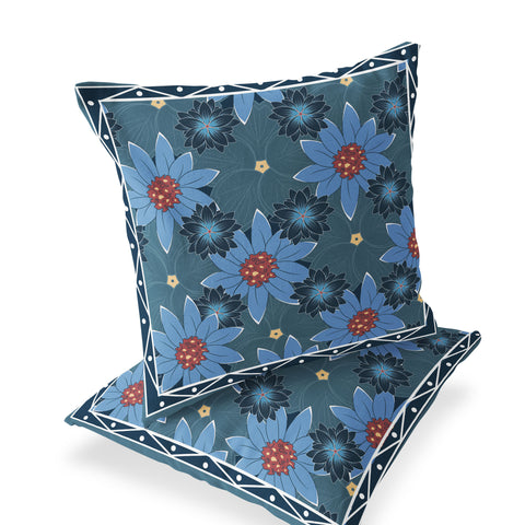 Set of Two 16" X 16" Blue and Yellow Botanical Indoor Outdoor Throw Pillow