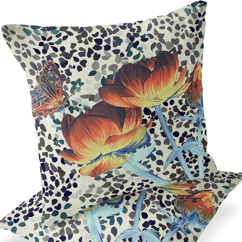 Set of Two 16" X 16" Blue and Orange Butterfly Blown Seam Floral Indoor Outdoor Throw Pillow