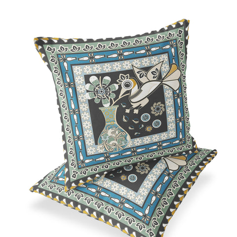 Set of Two 16" X 16" Black and Blue Peacock Blown Seam Floral Indoor Outdoor Throw Pillow