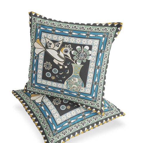 Set of Two 16" X 16" Black and Blue Peacock Blown Seam Floral Indoor Outdoor Throw Pillow