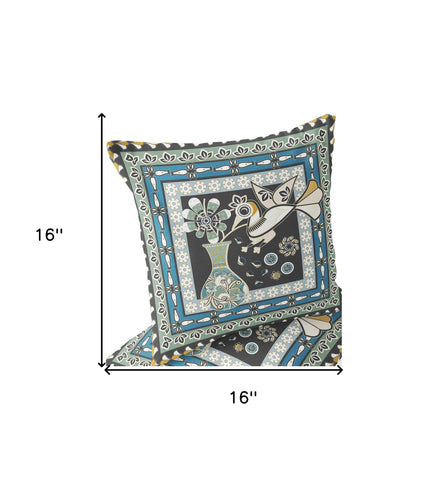 Set of Two 16" X 16" Black and Blue Peacock Blown Seam Floral Indoor Outdoor Throw Pillow